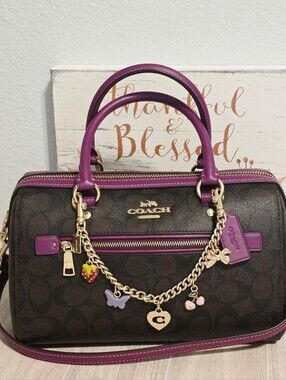 Coach RARE Rowan MEDIUM Crossbody Purse Bag Magenta Brown + Swagger Chain Charms